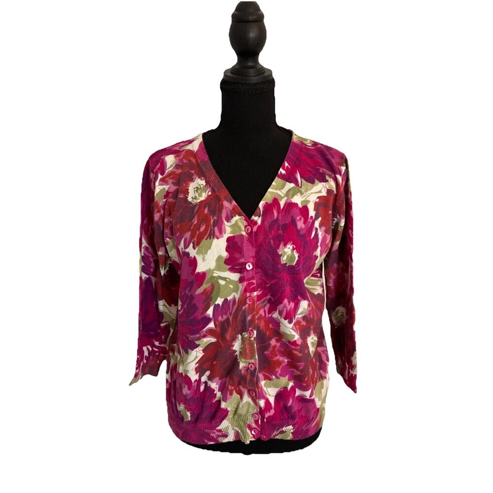 Patchington Women’s Cotton Sz L Button Pink Floral Retro Vibe Sweater Top